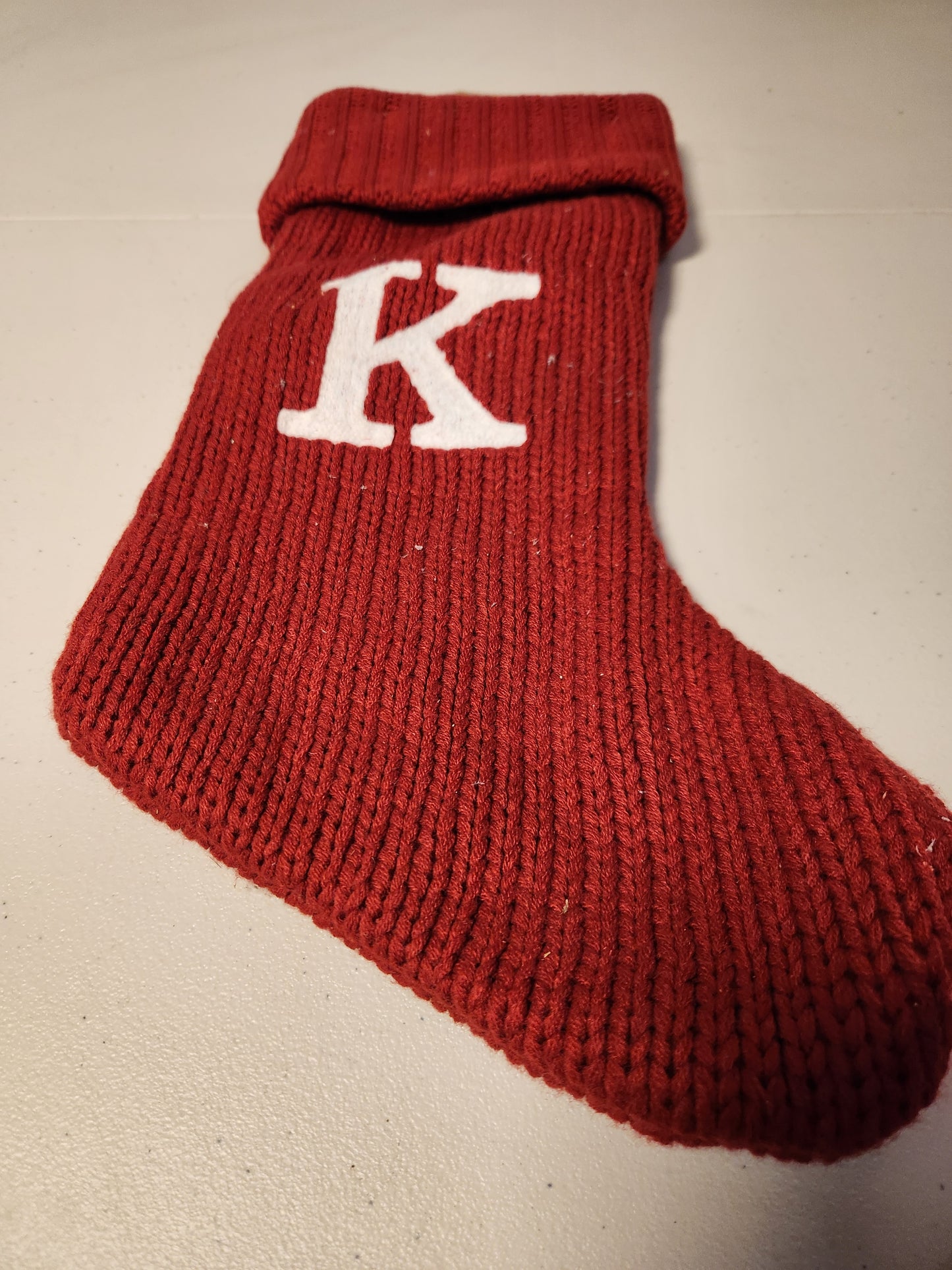 🎅 Knitted Red Christmas Stocking with White Monogram 'K'