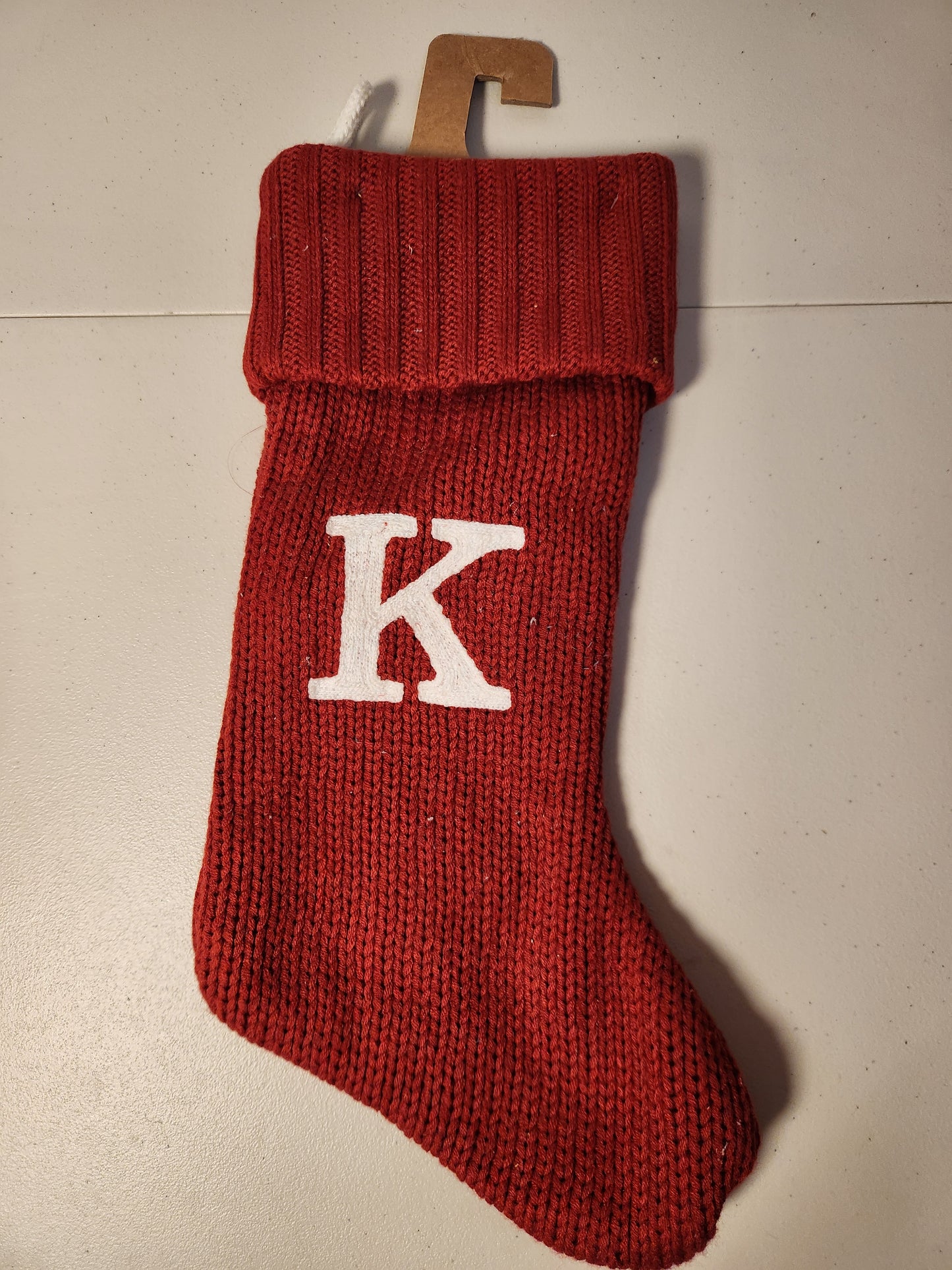 🎅 Knitted Red Christmas Stocking with White Monogram 'K'