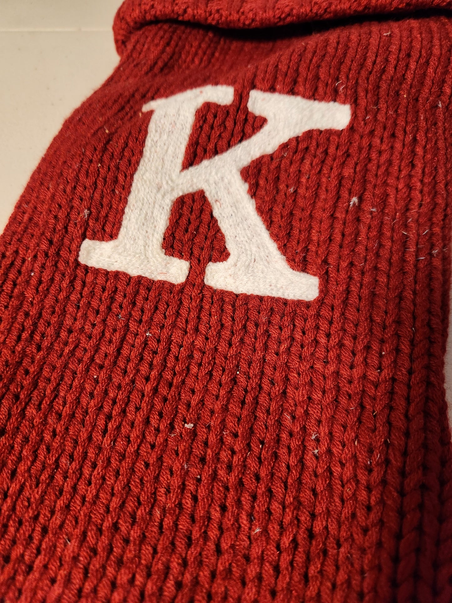 🎅 Knitted Red Christmas Stocking with White Monogram 'K'