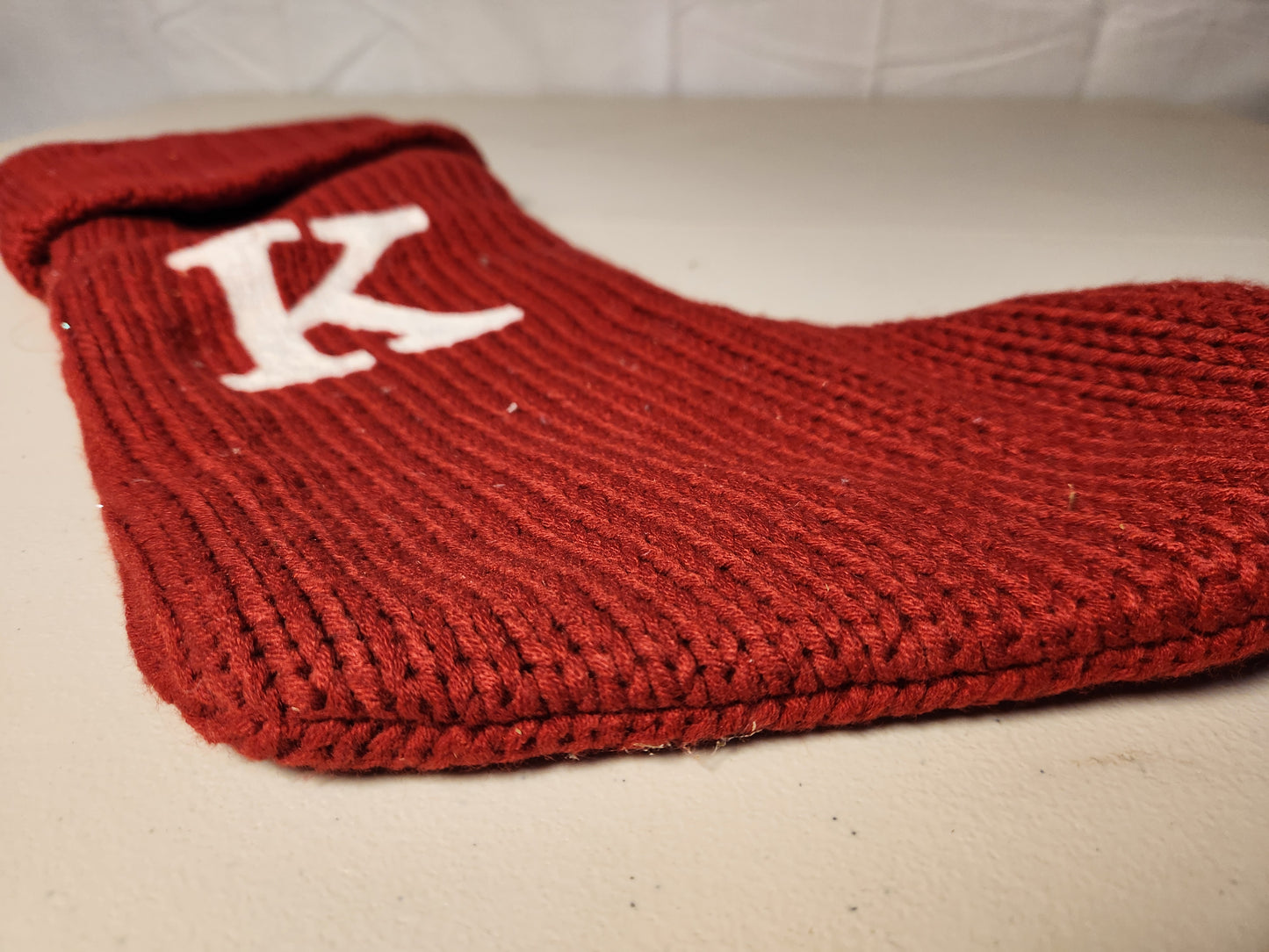 🎅 Knitted Red Christmas Stocking with White Monogram 'K'