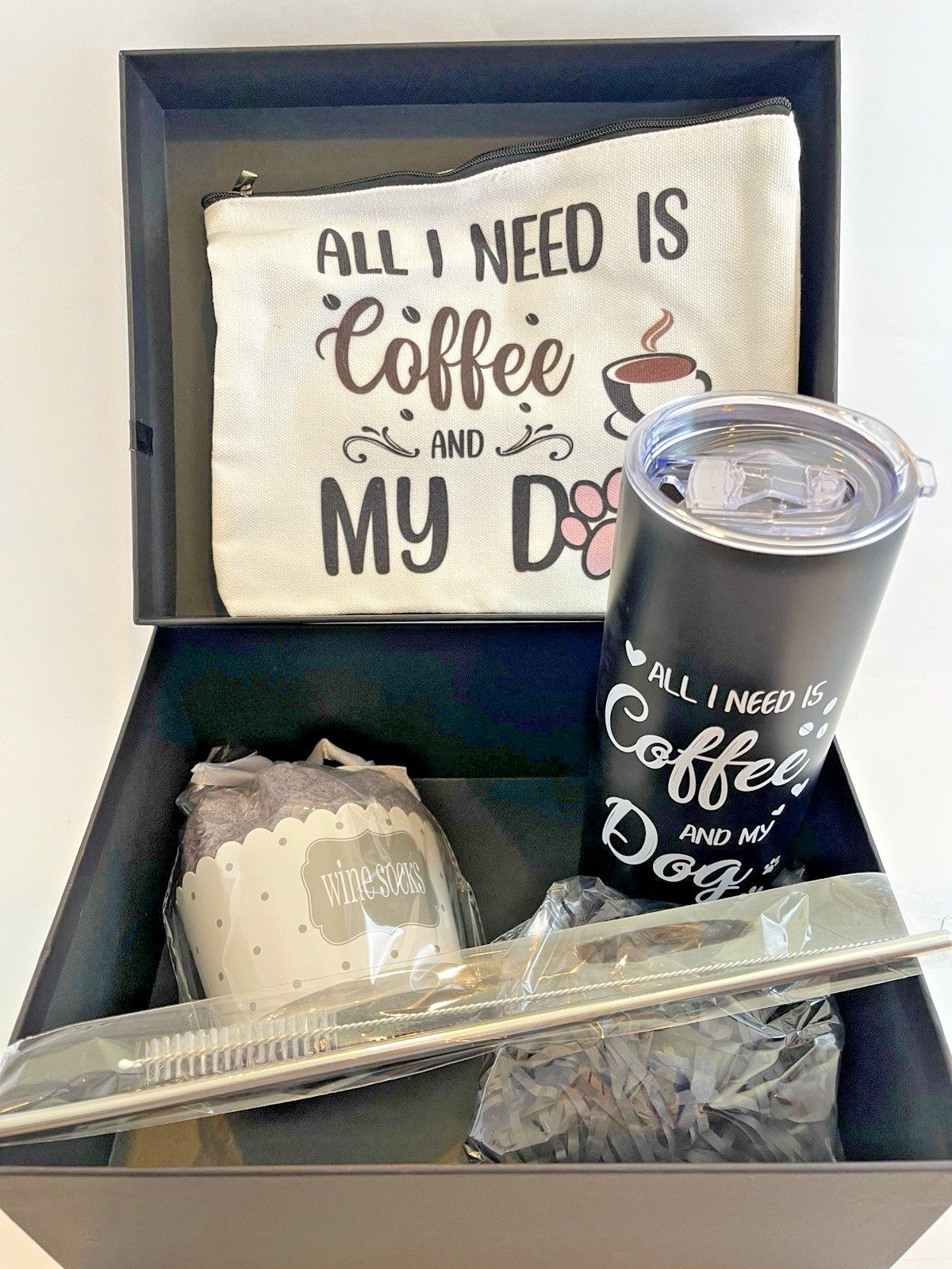 "All I Need Is Coffee & My Dog" Gift Set - Tumbler, Pouch, Socks - Brand New