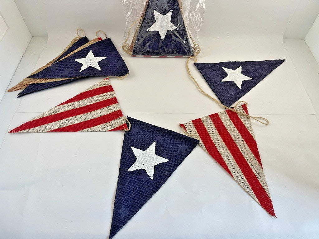 Patriotic Burlap Flag Banner – 8 ft American Flag Pennant Garland