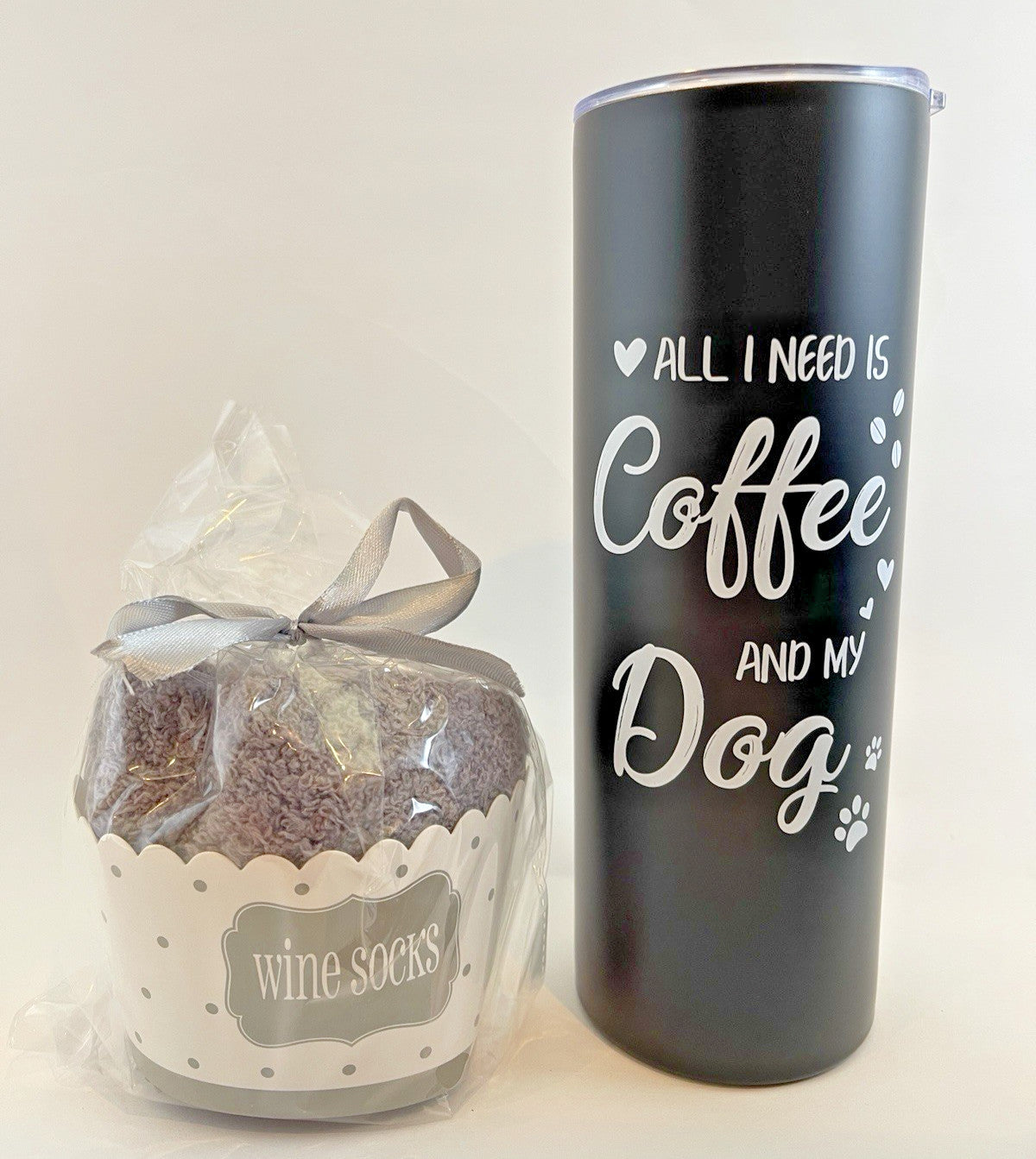 "All I Need Is Coffee & My Dog" Gift Set - Tumbler, Pouch, Socks - Brand New